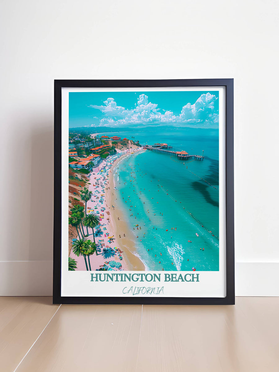 Framed beach shoreline wall art with turquoise coastline and clouds, black frame