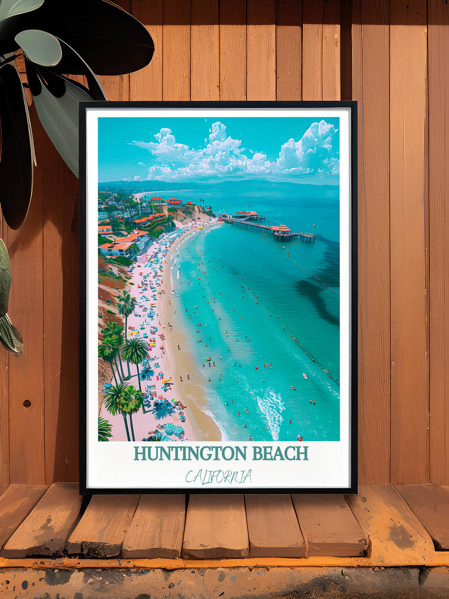 Framed beach shoreline wall art with turquoise water and pier, black frame