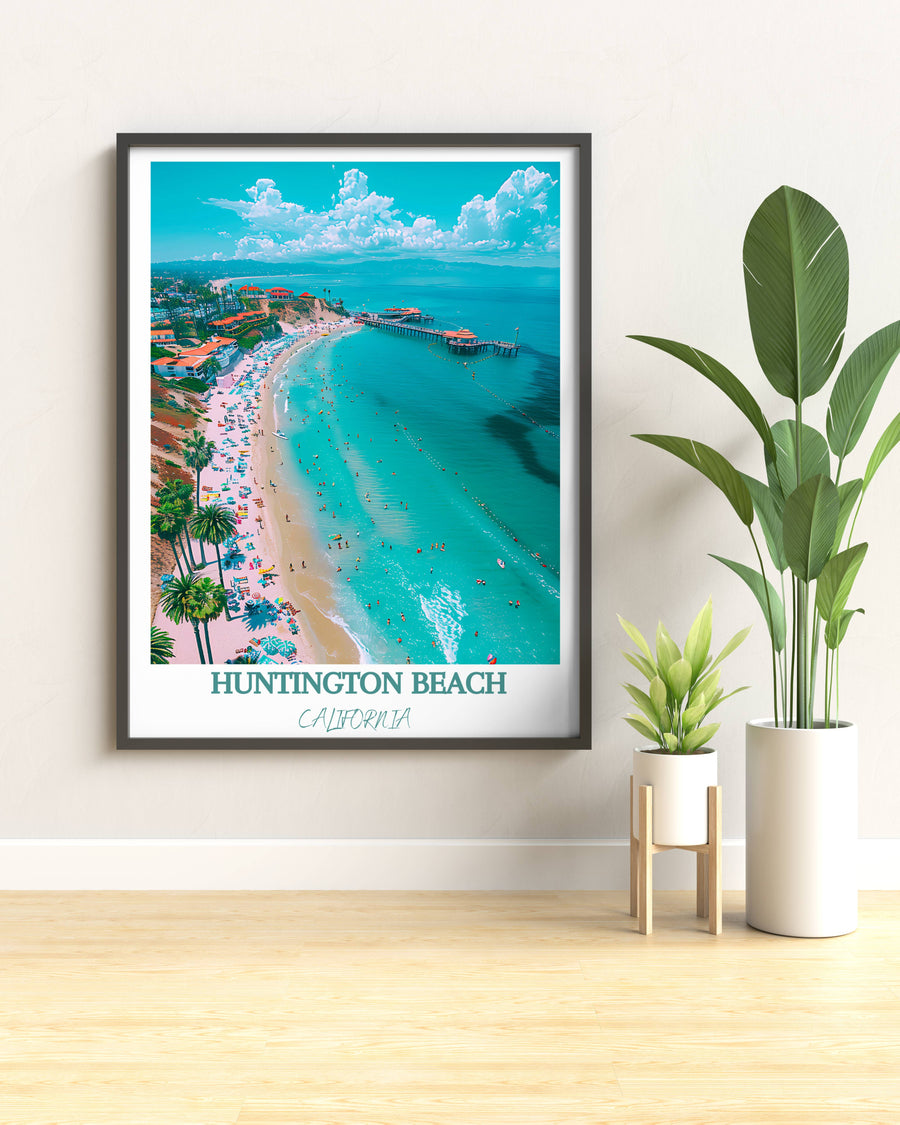 Framed beach shoreline wall art with turquoise water and sandy beach, light gray frame