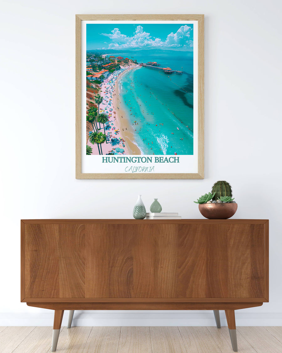Framed beach shoreline wall art with turquoise coastline and pier, natural wood frame