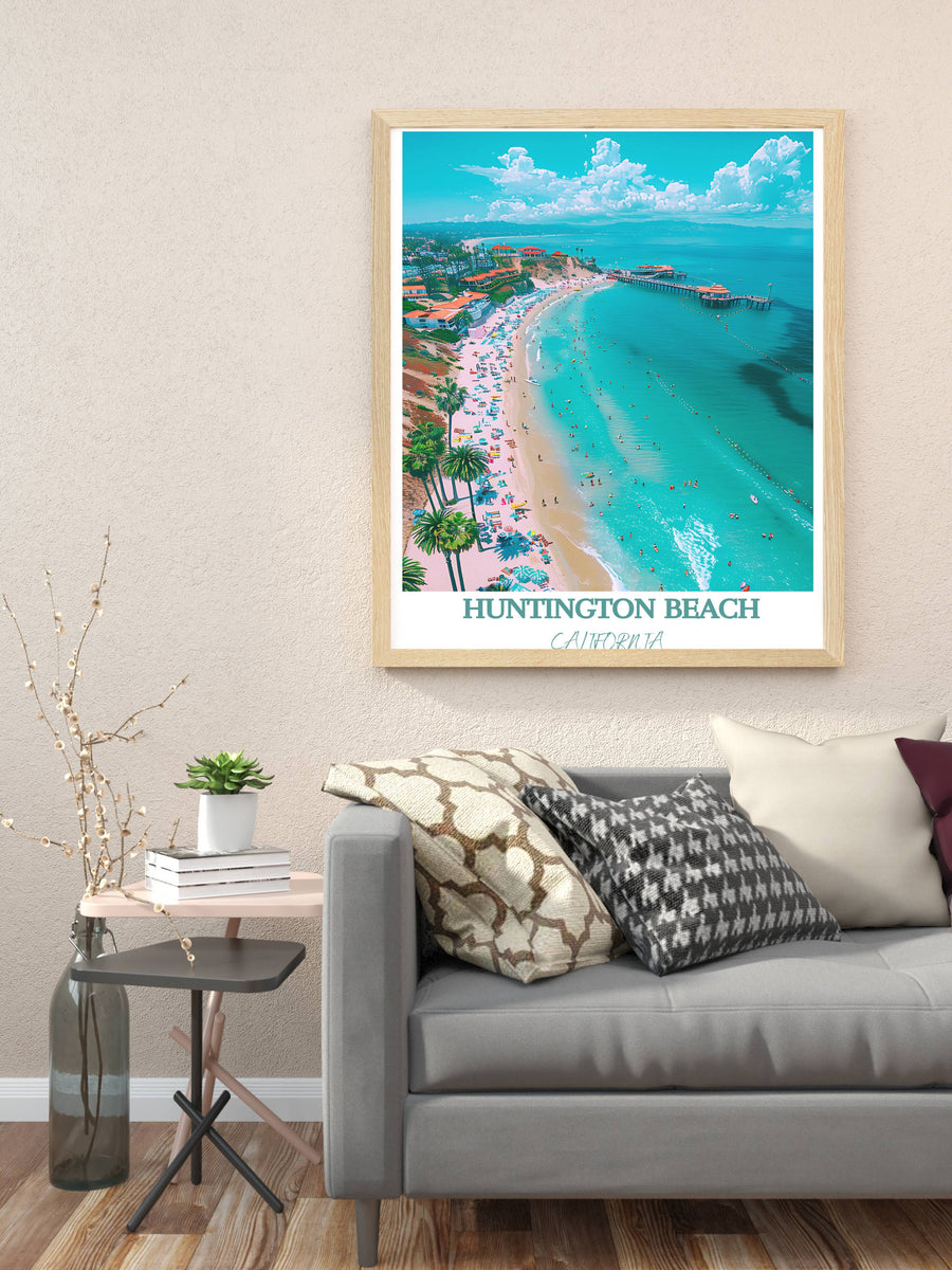 Framed beach shoreline wall art with turquoise water and sandy beach, light wood frame