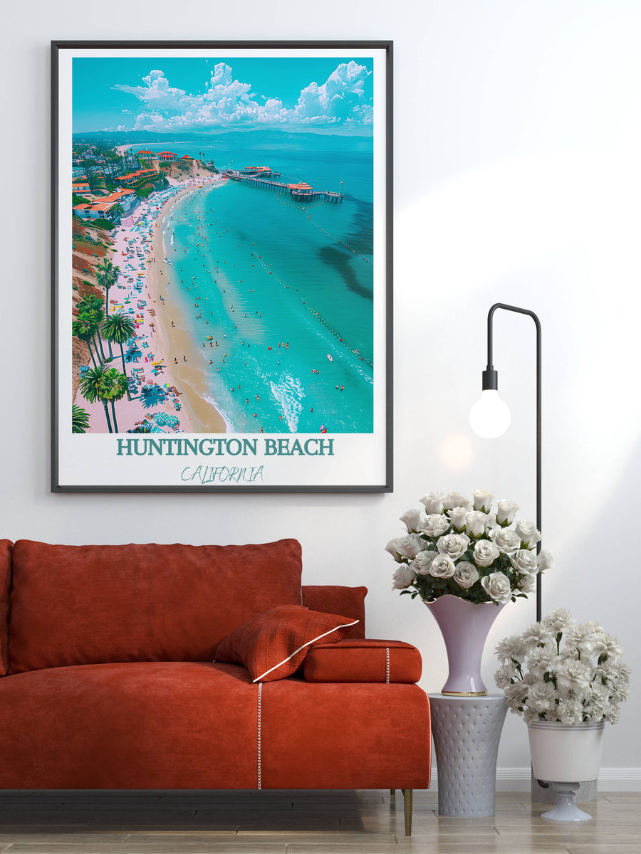 Framed beach shoreline wall art with turquoise water and sandy coast, black frame