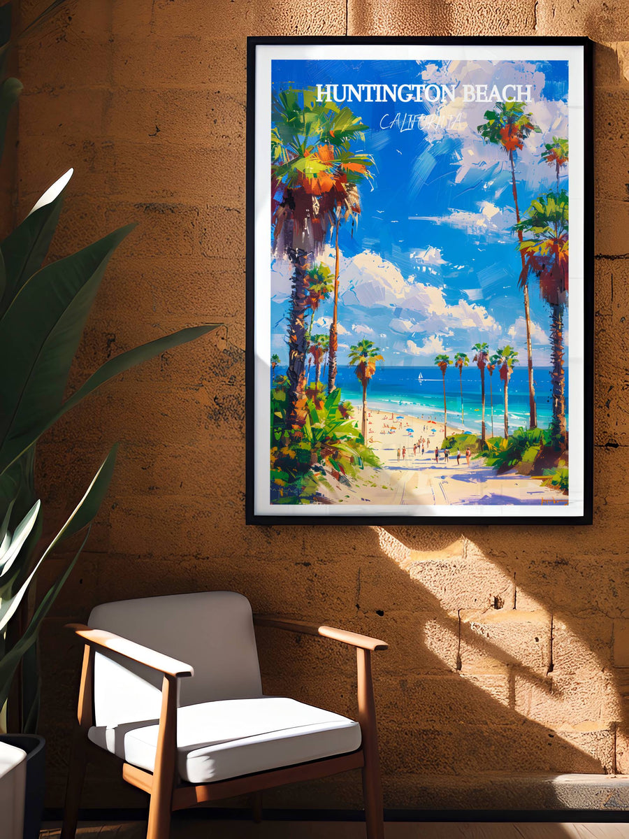 Framed coastal print featuring palm trees, ocean view, and bright blue sky