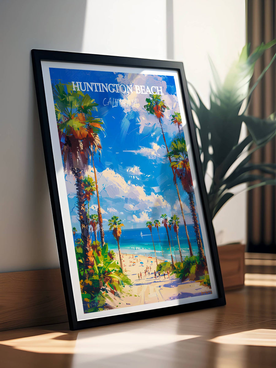 Framed coastal wall art print with tall palms over sunny beach and blue sky