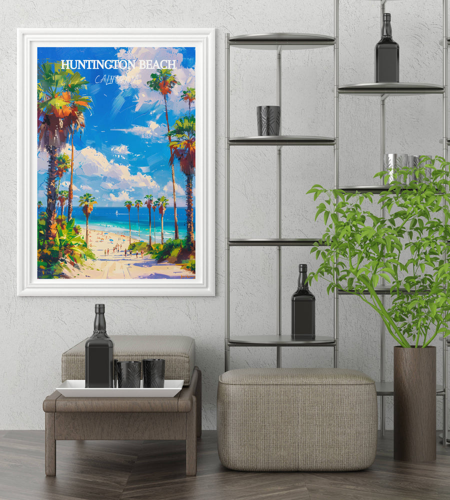 Framed beach art print with palm trees and ocean view on a light wall