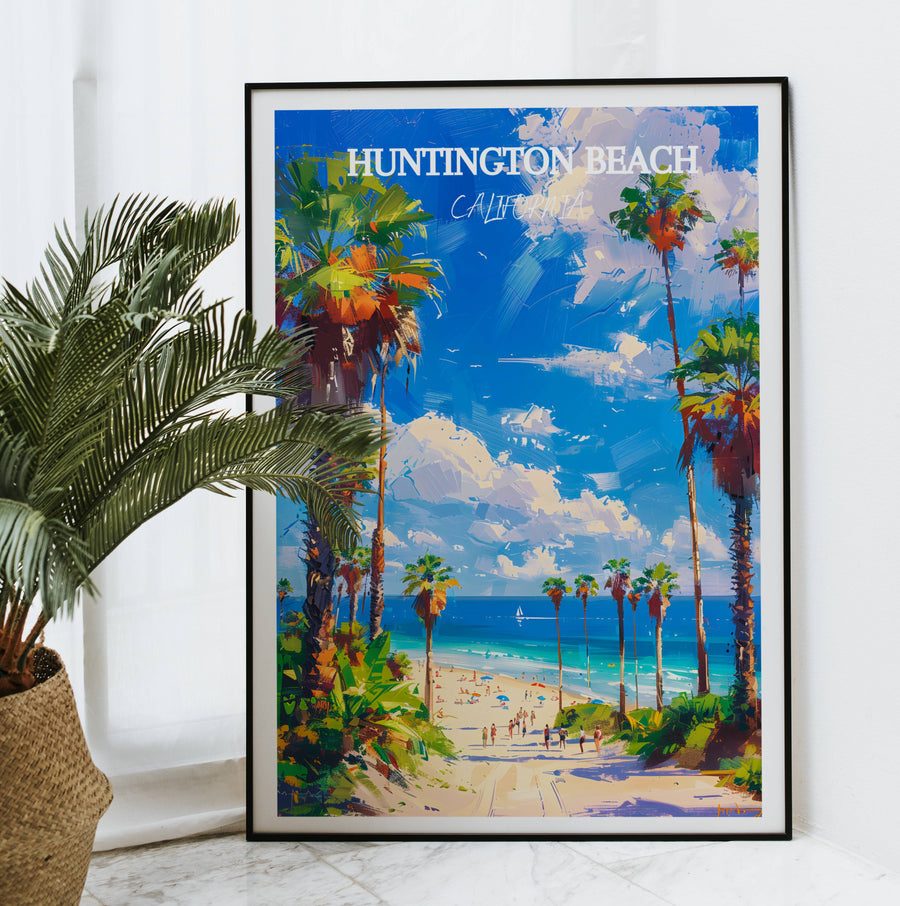 Framed beach art print with palm trees, sandy beach, and blue sky