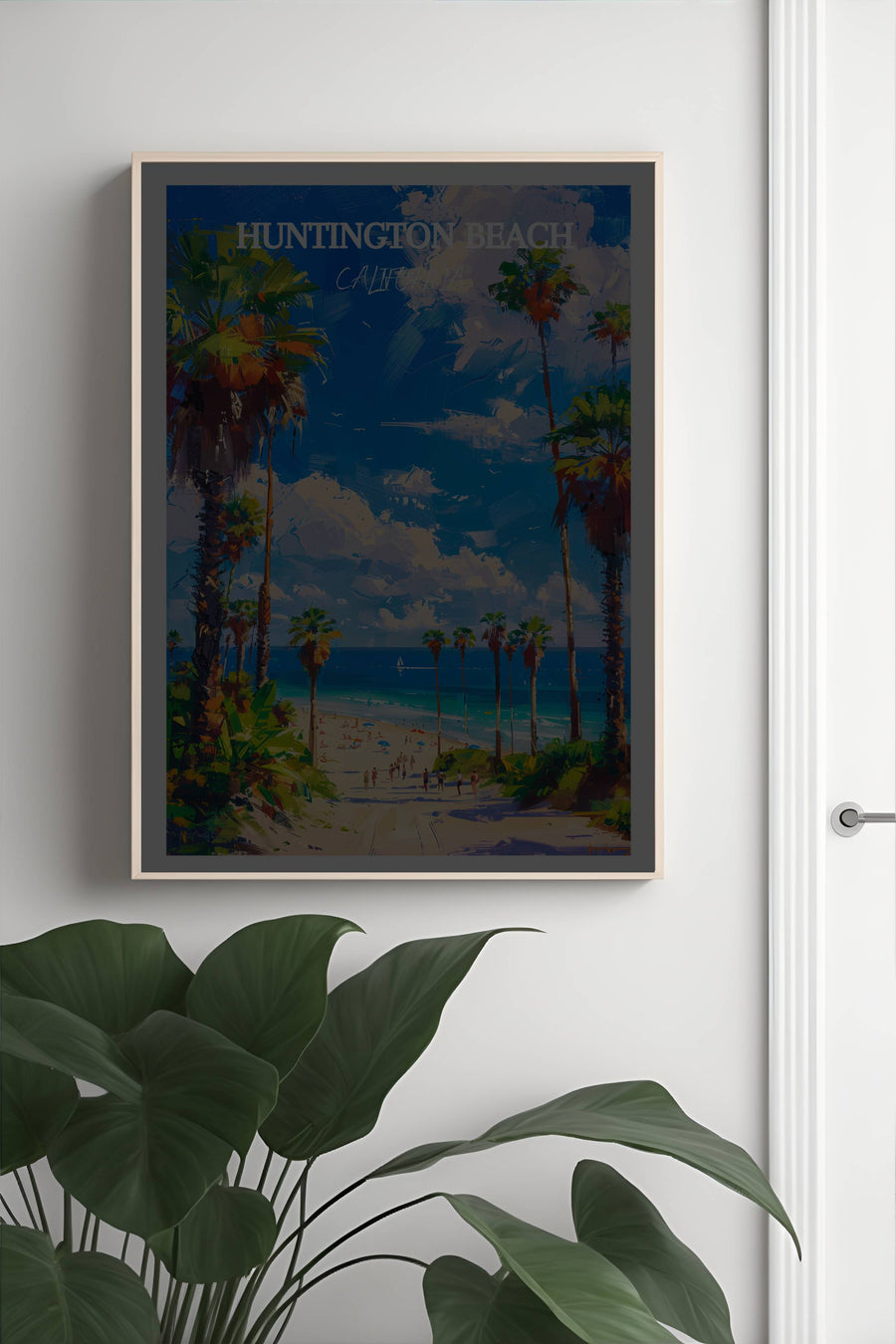 Framed coastal art print of palm-lined beach with blue sky and ocean