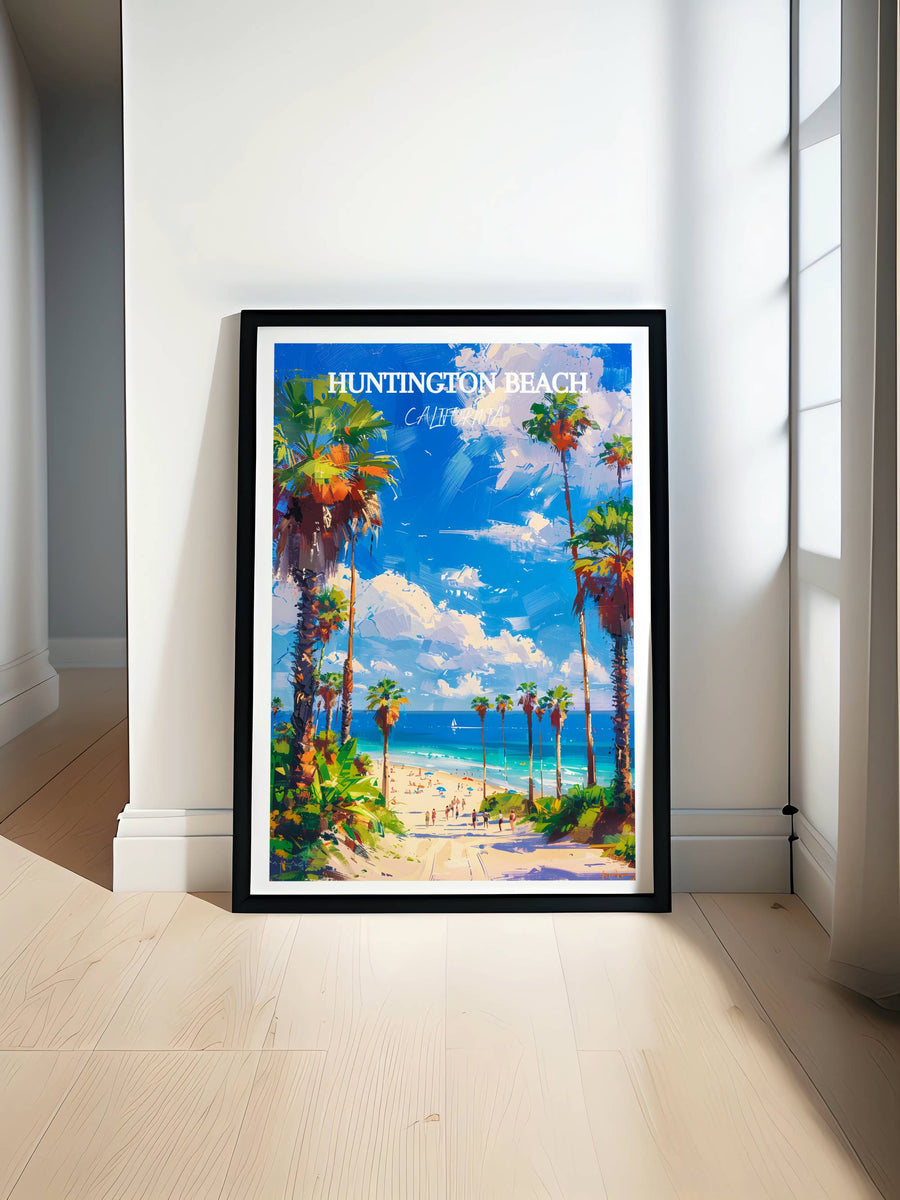 Framed art print with colorful palm-lined beach and blue sky