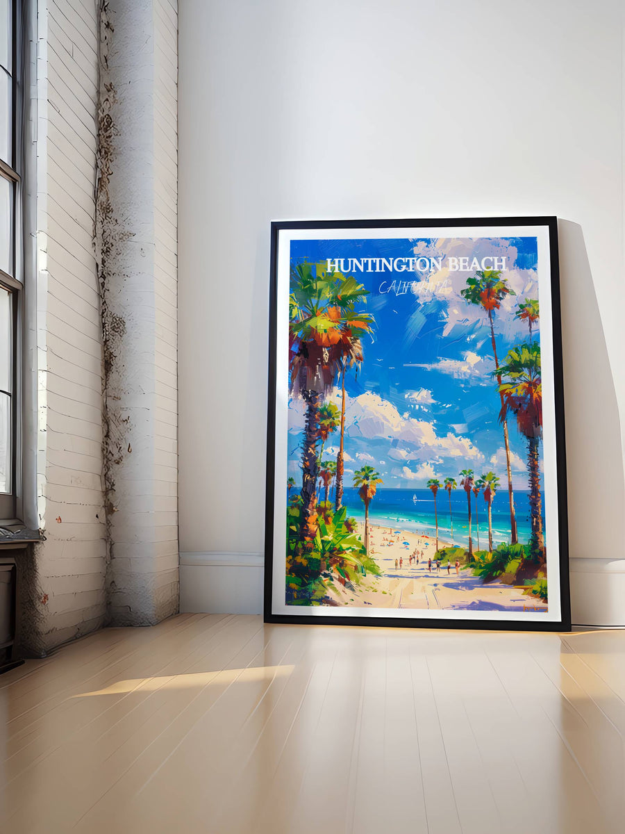 Framed beach art print with palm trees, ocean, and sandy walkway