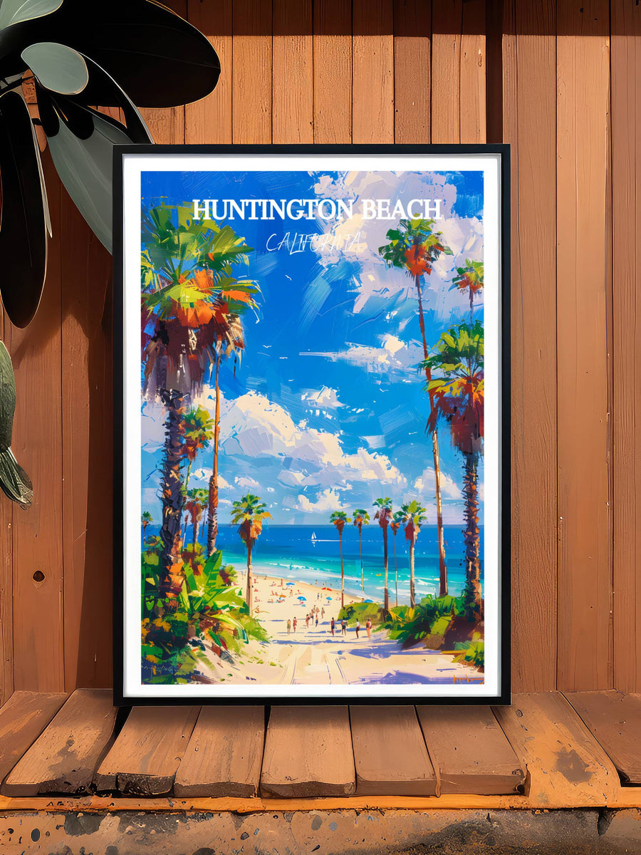 Framed beach landscape art print with palm trees and bright blue sky
