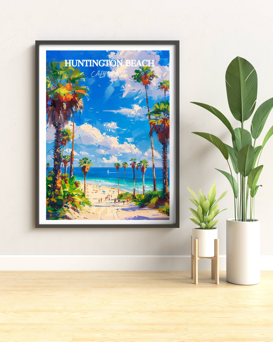 Framed beach art print on wall with palm trees, ocean, and blue sky