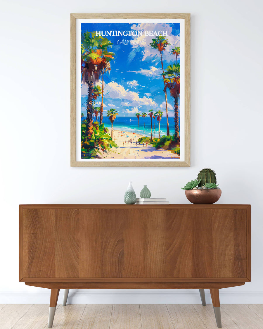 Framed beach art print in light wood frame with palm-lined shoreline