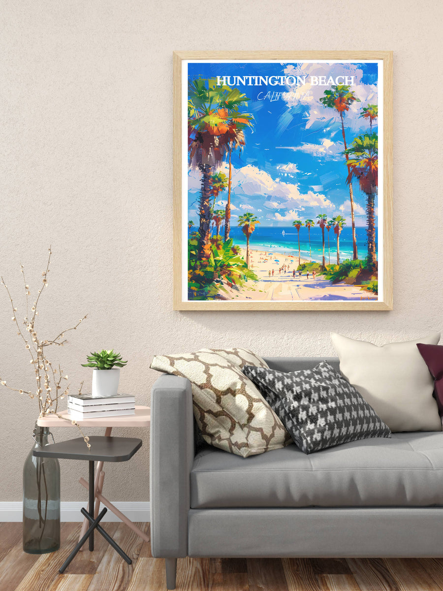 Framed beach art print with palm trees, ocean horizon, and blue sky