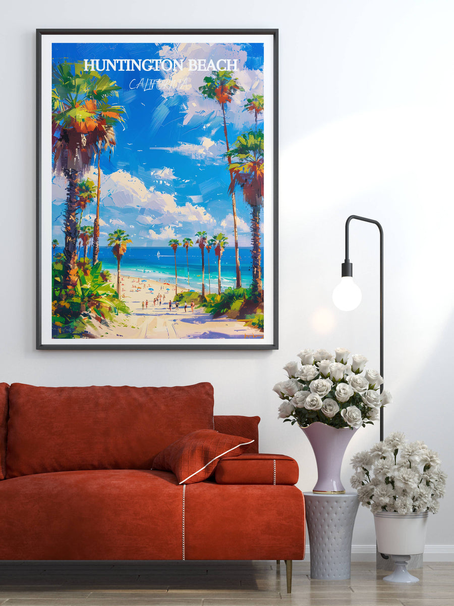 Framed beach art print with palm trees, ocean, and bright blue sky