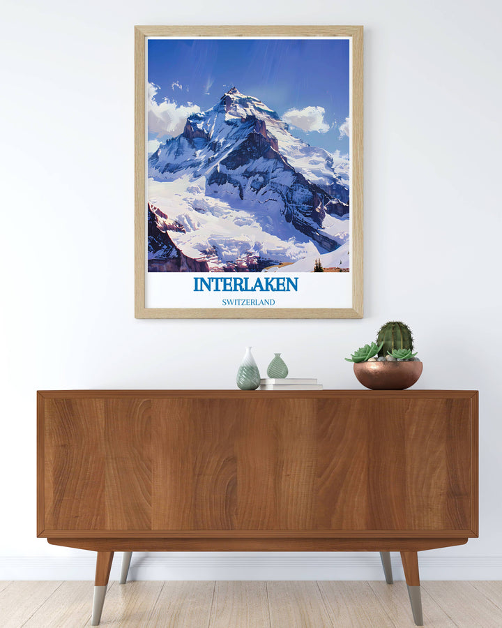 Retro style ski poster of Jungfrau with skiers dressed in vintage gear, a nostalgic piece for ski history enthusiasts
