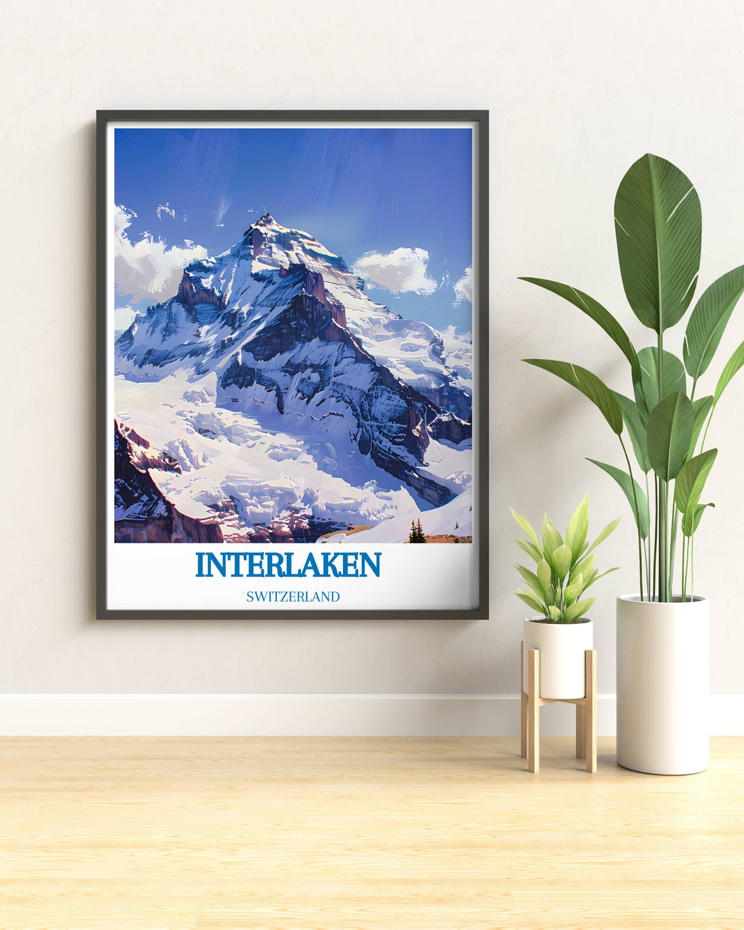 Travel poster of Jungfrau with vivid depiction of the Eiger and Monch peaks, perfect for adding a touch of Switzerland to any room
