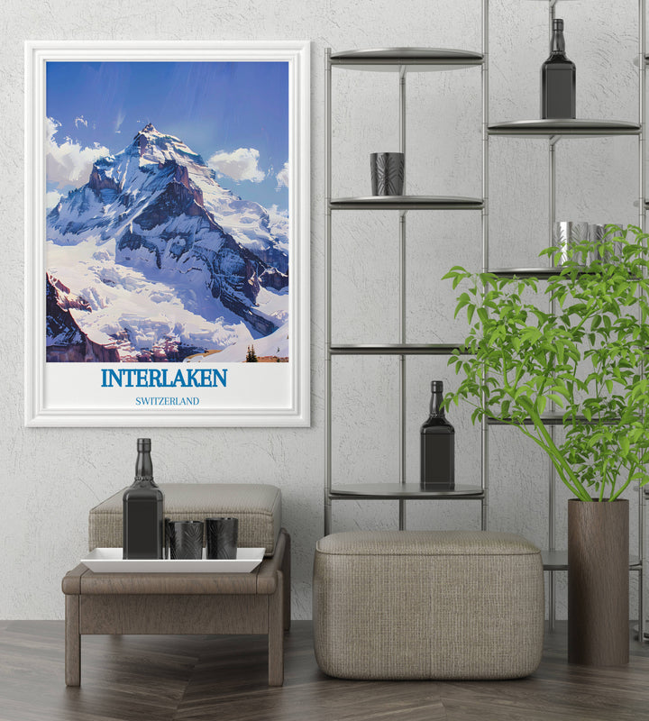 Jungfrau travel poster highlighting the regions famous Lauterbrunnen Valley, perfect for admirers of Swiss natural wonders