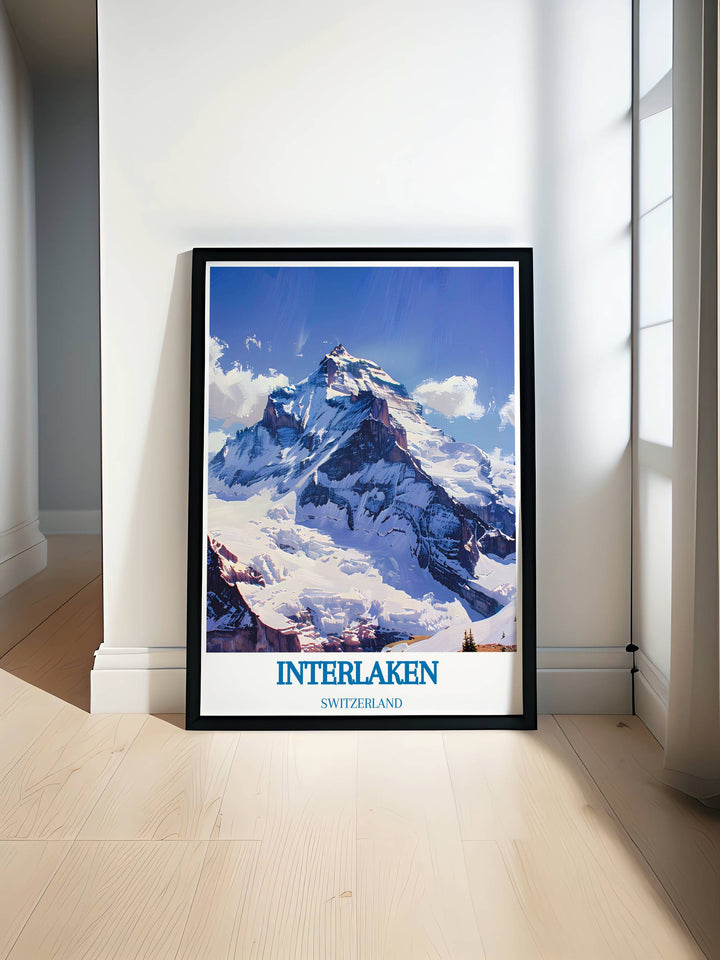 Canvas art featuring Jungfrau peak surrounded by snowy slopes and clear blue skies, ideal for lovers of alpine scenery and Swiss landscapes