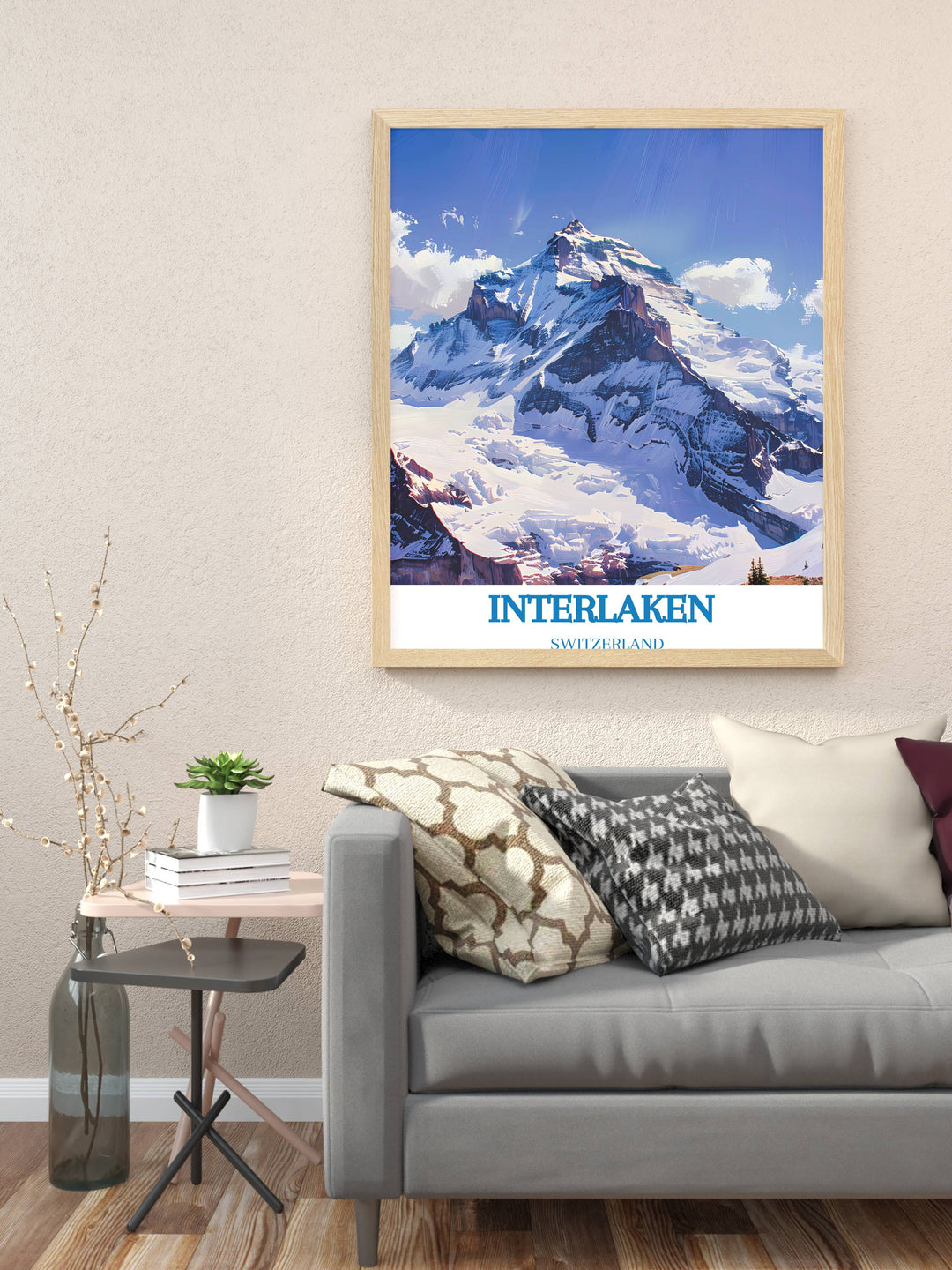 Wall art of Jungfrau ski area featuring bustling ski lifts and pristine ski tracks, great for decorating a winter sport enthusiasts room