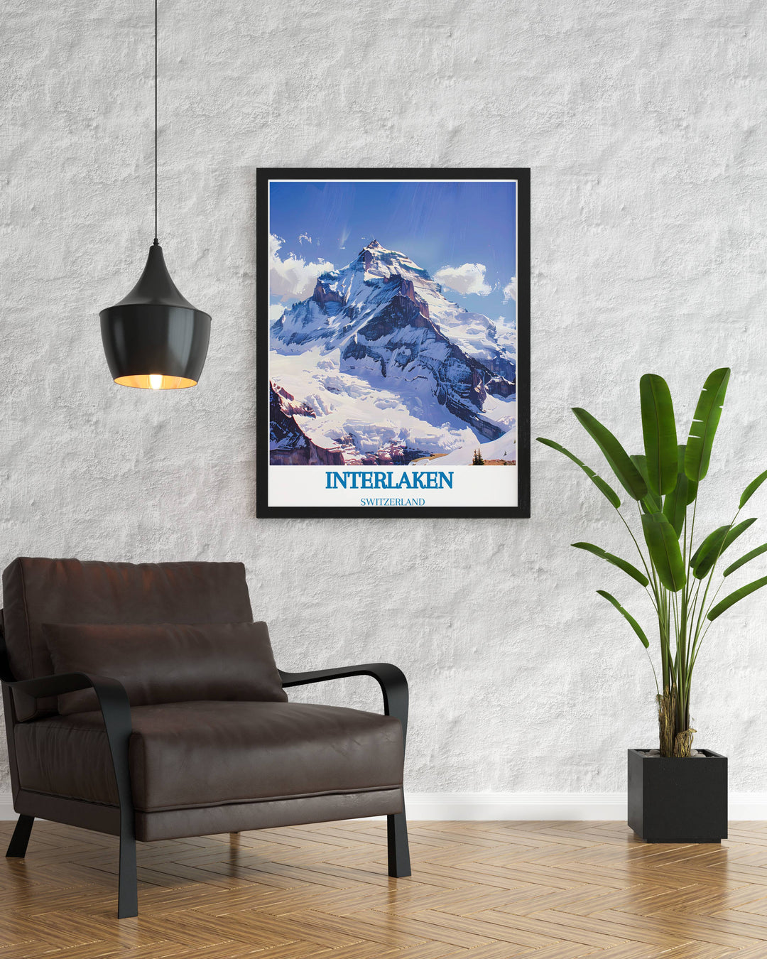 Detailed art print of Jungfraus icy landscapes and frozen lakes, capturing the serene beauty of Swiss winters
