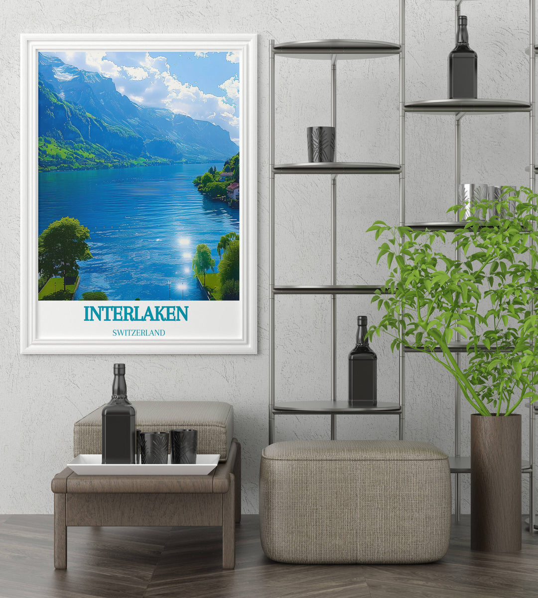 Swiss Alps poster showcasing majestic peaks of Jungfrau Eiger and Monch in a panoramic landscape view