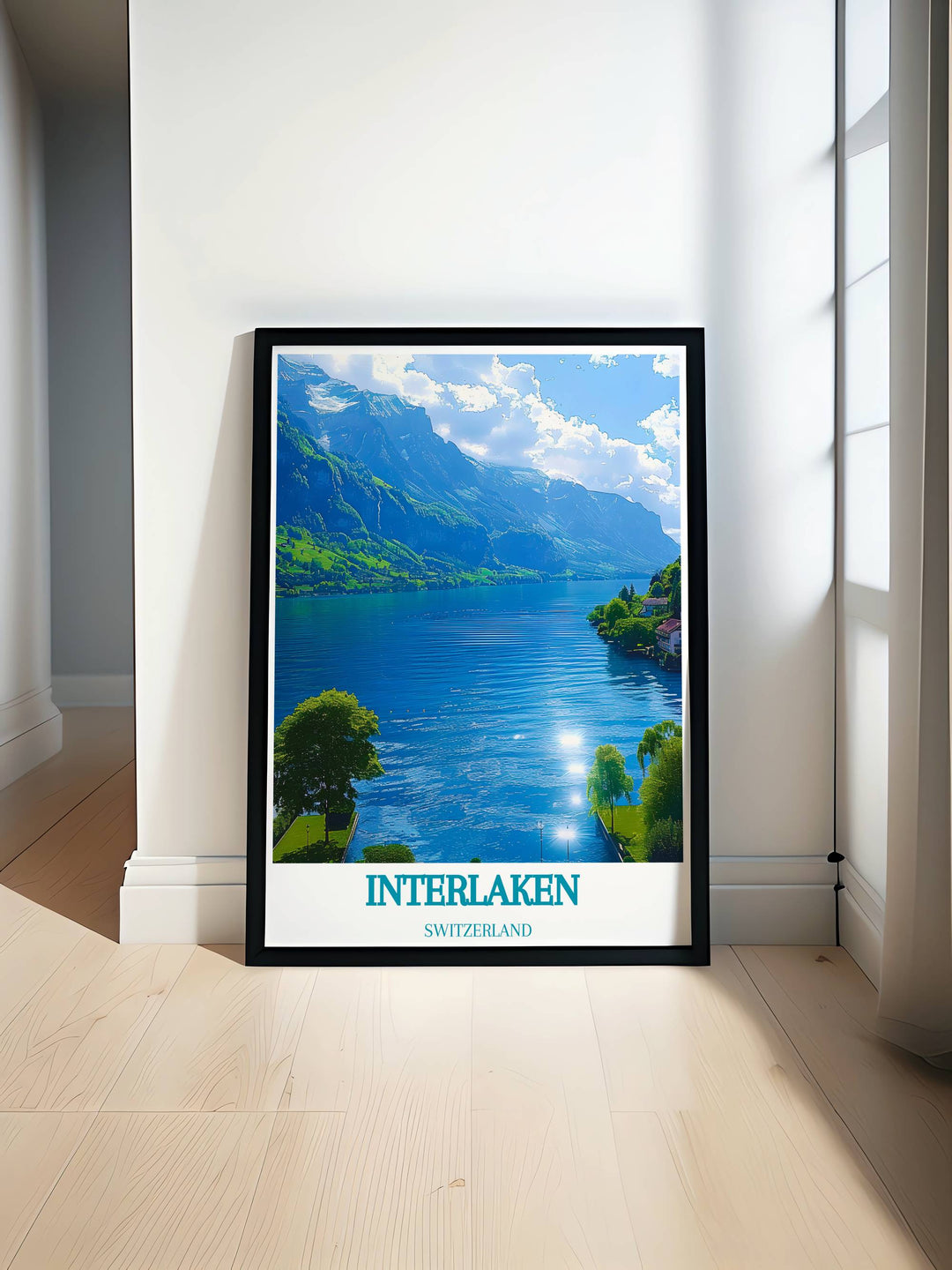 Framed art of Lake Thun showing vibrant sunset colors reflecting on calm waters surrounded by Swiss Alps ideal for home decor