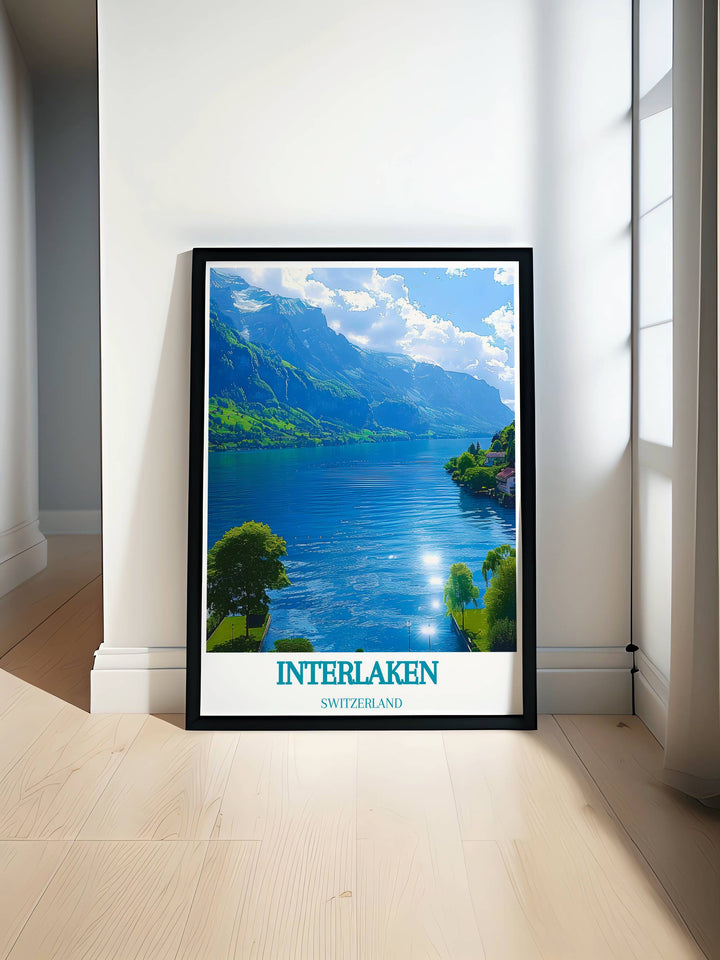 Framed art of Lake Thun showing vibrant sunset colors reflecting on calm waters surrounded by Swiss Alps ideal for home decor