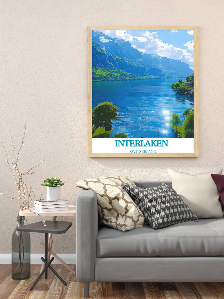 Canvas print of a ski resort in Grindelwald with skiers descending snowy slopes beneath clear blue skies perfect for winter sports enthusiasts