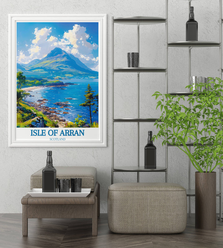 Detailed Isle of Arran travel poster showcasing iconic landmarks and breathtaking scenery in vibrant hues.
