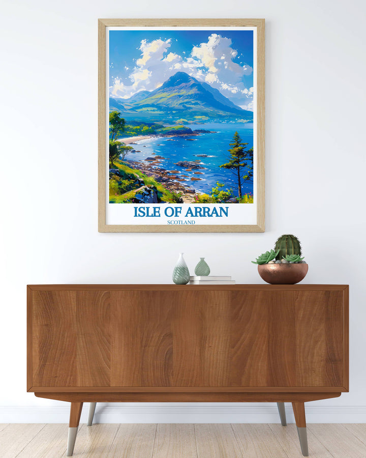 Vibrant Isle of Arran gift artwork featuring stunning vistas and historic landmarks in vivid colors.