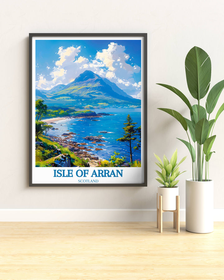 Vibrant Isle of Arran gift artwork featuring stunning vistas and historic landmarks in vivid colors.