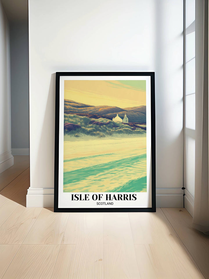 Modern coastal wall decor showing a scenic Isle of Harris landscape poster with peach sunrise skies and mint green ocean water, perfect for beach house interior design and styling.