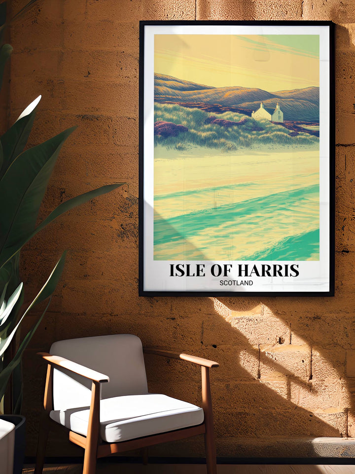 Large A1 size Isle of Harris Scotland landscape poster showing the translucent turquoise Atlantic water and rolling Hebridean hills in a light-filled contemporary dining area space.