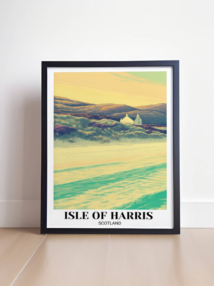 Premium Scottish landscape print of Luskentyre Beach displayed in a minimalist light oak wood frame above a neutral sofa, highlighting the gallery-style off-white matted border look.