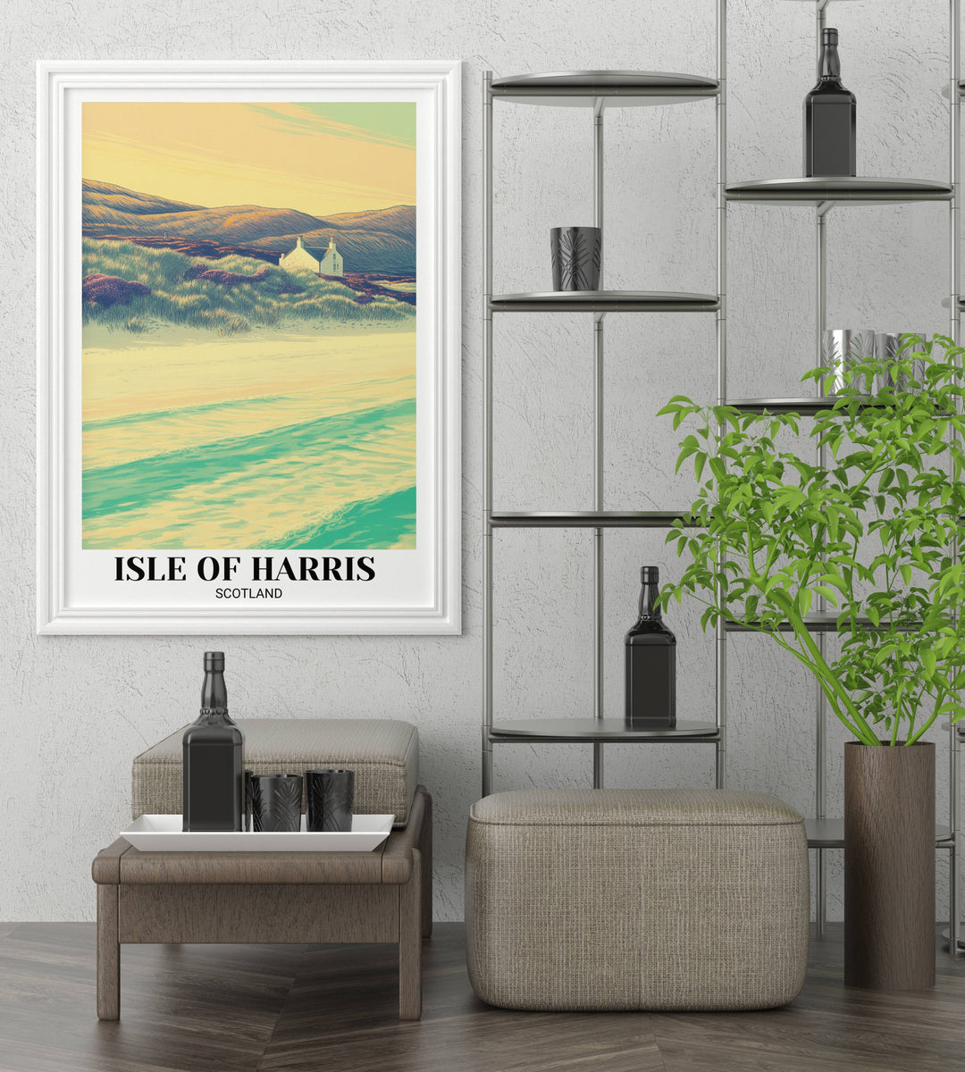 Detailed close-up of the Isle of Harris poster showing intricate line-work textures on the marram grass dunes and soft pastel sunset gradients on high-quality matte archival paper.