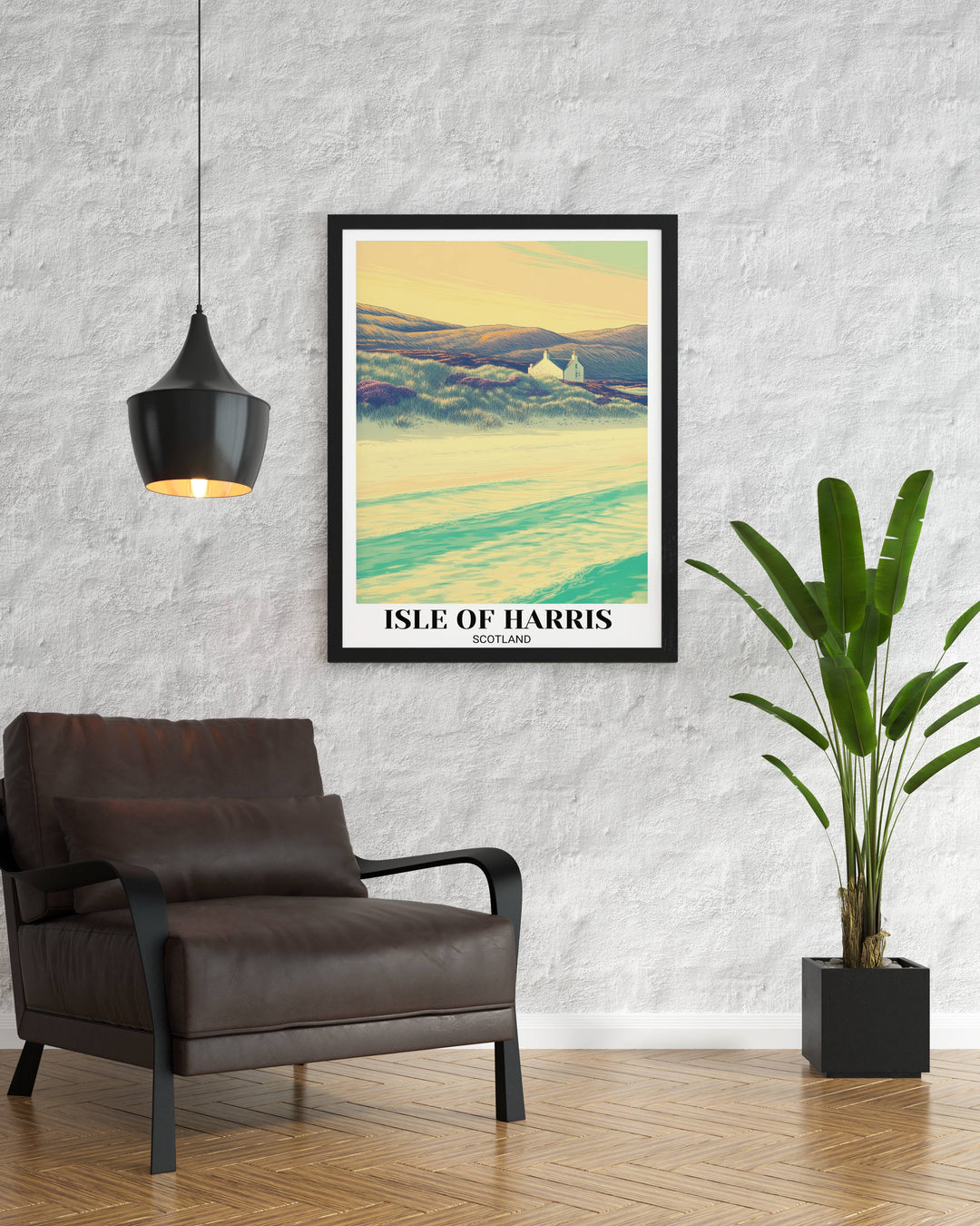 Isle of Harris Scotland travel poster styled in a bright, airy bedroom with white linen bedding, showcasing the calming turquoise and gold color palette of the Hebridean coastline.