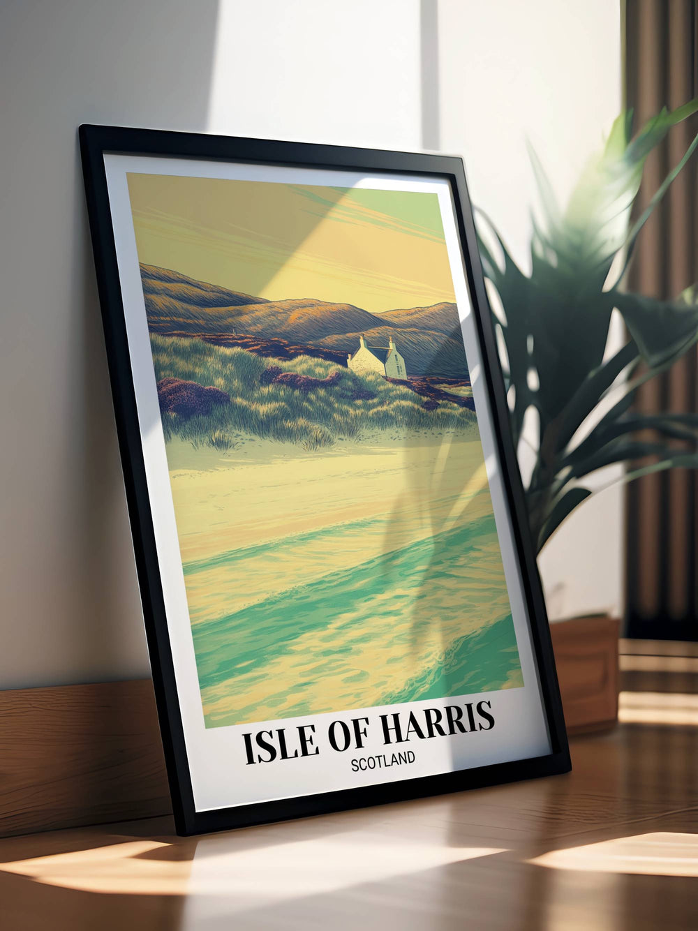 Gallery wall inspiration featuring the Isle of Harris beach print paired with other Scottish Highlands art, creating a cohesive travel-themed focal point in a modern living room.