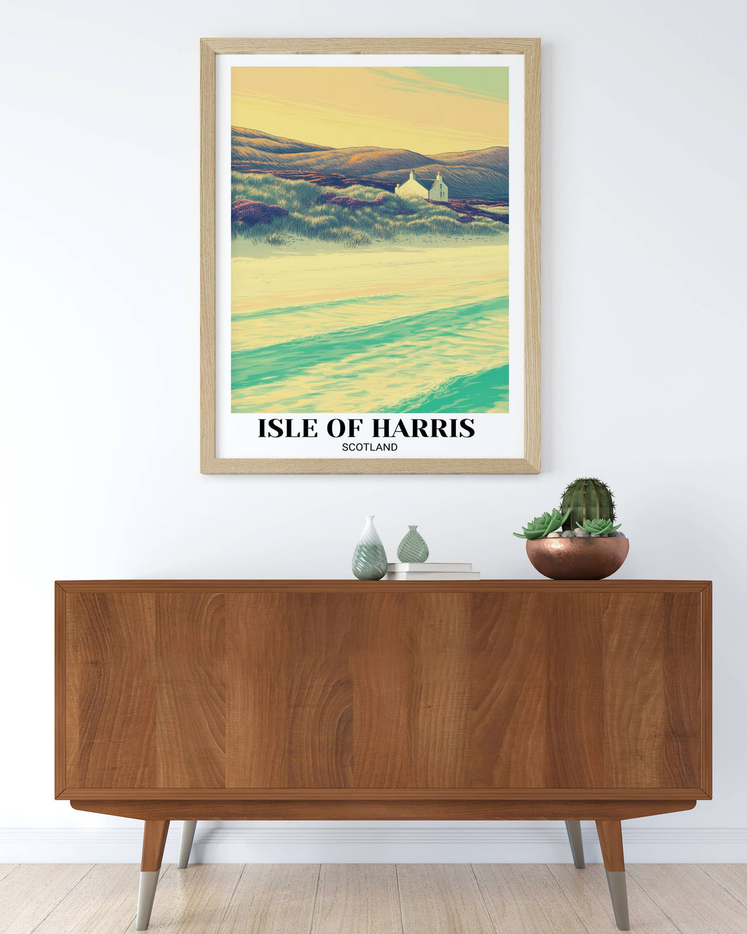 Fine art illustration of a remote Scottish isle cottage by the sea, rendered in a high-end screen print aesthetic with bold serif typography for "Isle of Harris" and "Scotland."