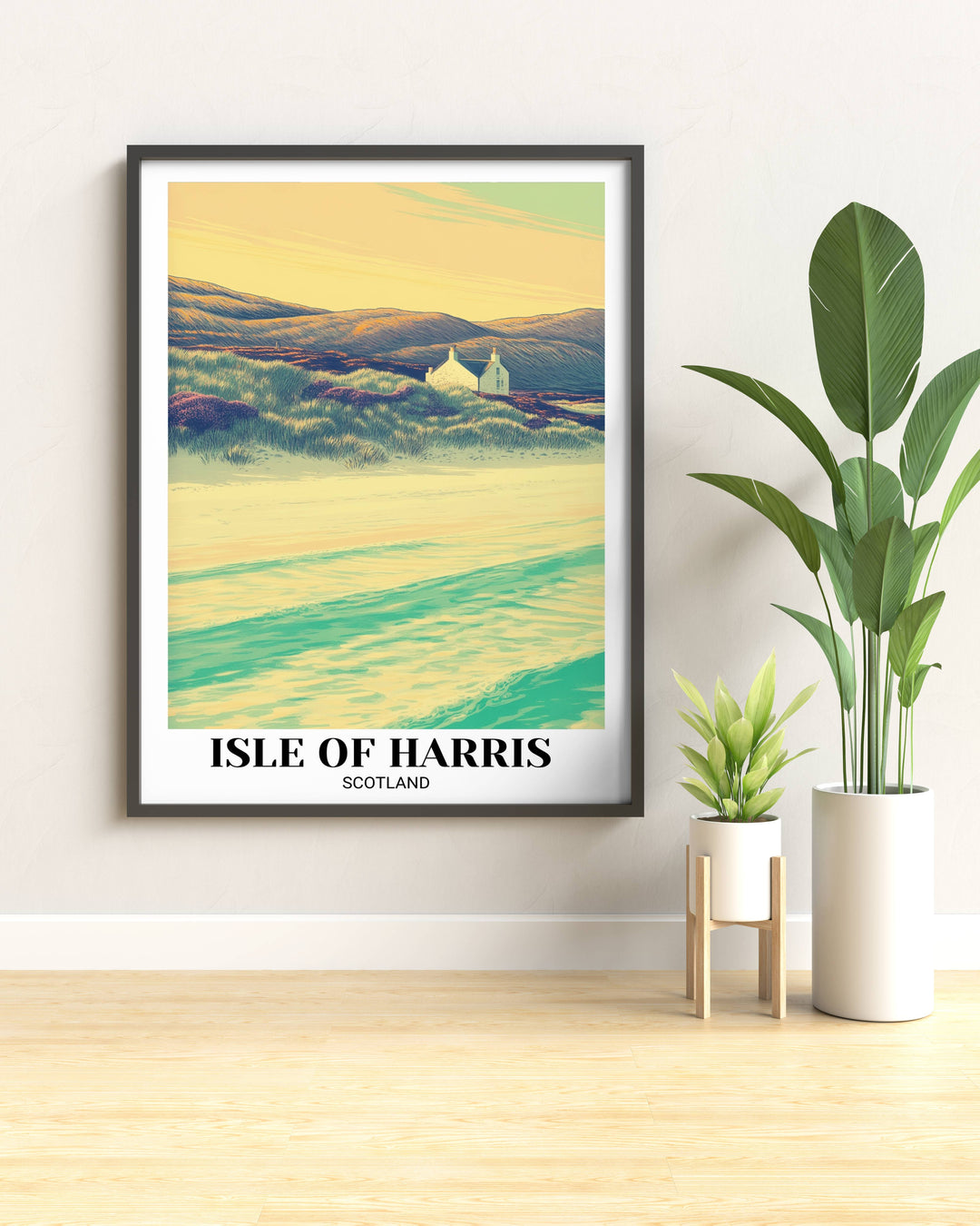 Isle of Harris Scotland art print featuring Luskentyre Beach at golden hour with turquoise waves, a white cottage, and textured green hills in a sophisticated vintage lithograph style.