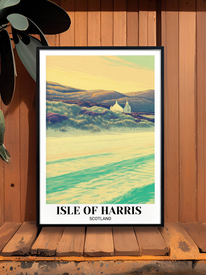 Vertical Isle of Harris wall art mockup in a thin black frame leaning against a white textured wall, emphasizing the professional typography and clean matted aesthetic for offices.