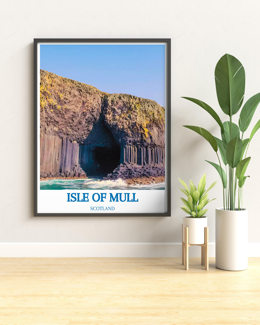 Travel poster of Scotland highlighting the Isle of Mull and its iconic landscapes perfect for travel enthusiasts and lovers of nature