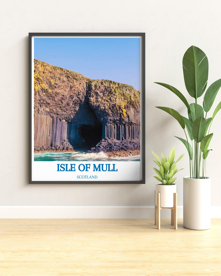 Travel poster of Scotland highlighting the Isle of Mull and its iconic landscapes perfect for travel enthusiasts and lovers of nature