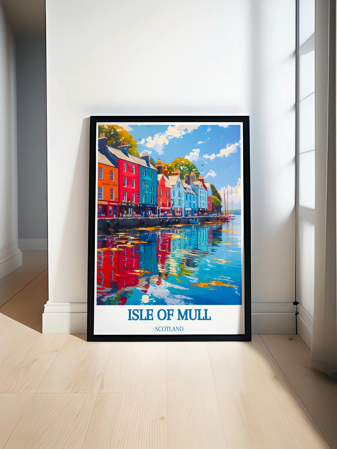 Wall art of Tobermory Harbour showcasing the colorful waterfront houses and serene maritime landscape perfect for enhancing any room decor