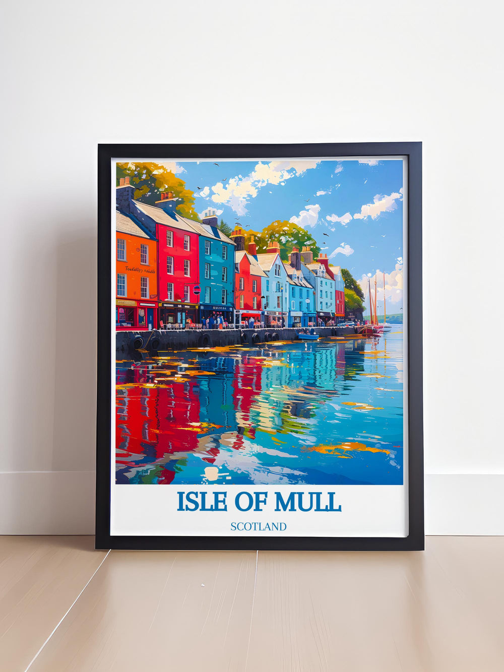 Framed art print of Tobermory Harbour capturing the peaceful atmosphere and vibrant architecture ideal for lovers of Scottish landscapes