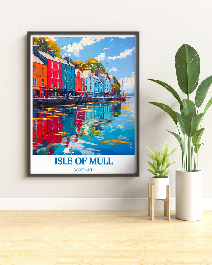 Custom print of the Isle of Mull focusing on the picturesque scenes of Tobermory Harbour suitable for personalizing home or office spaces