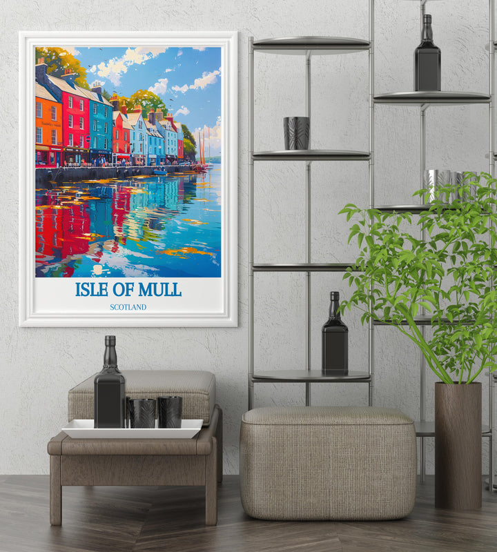 Gallery wall art featuring the Isle of Mull emphasizing the rugged coastlines and tranquil harbors of Scotland perfect for art enthusiasts