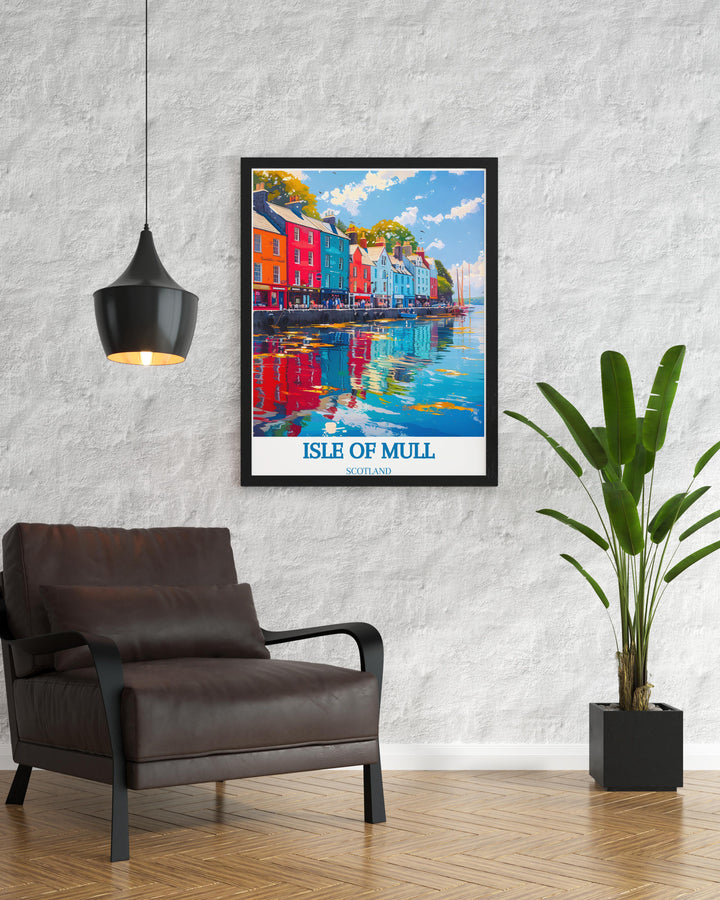 Travel poster of Tobermory Harbour illustrating the iconic Scottish harbour with its colorful buildings and tranquil waters ideal for travel lovers