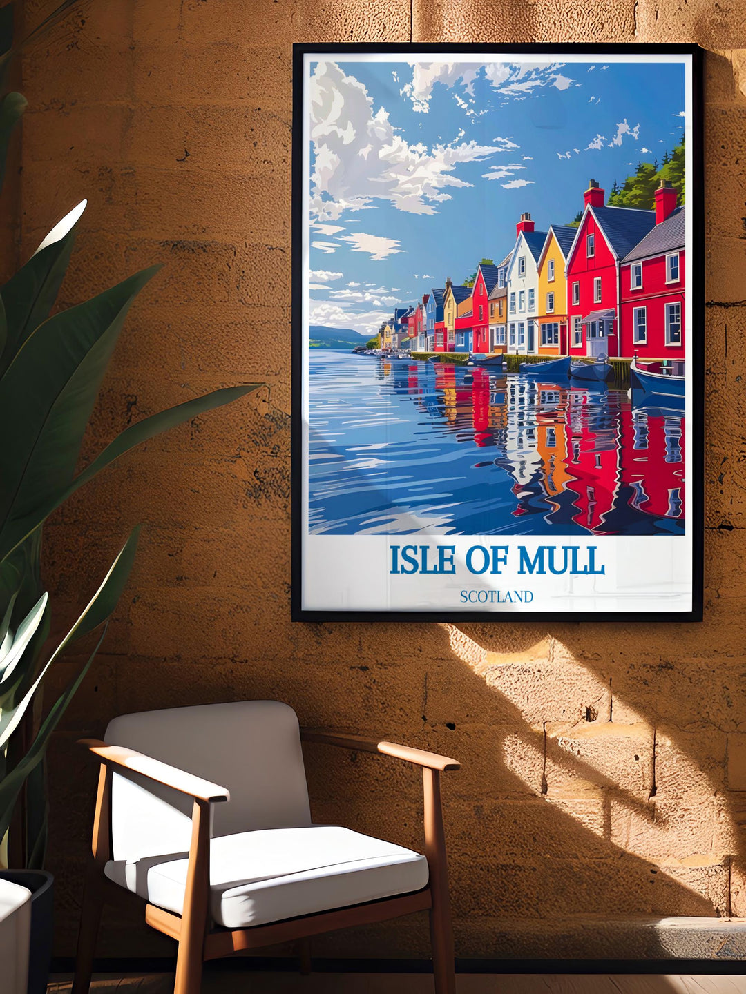 Art print of Tobermory Harbour with detailed waterfront scenes perfect for adding character to office or home environments