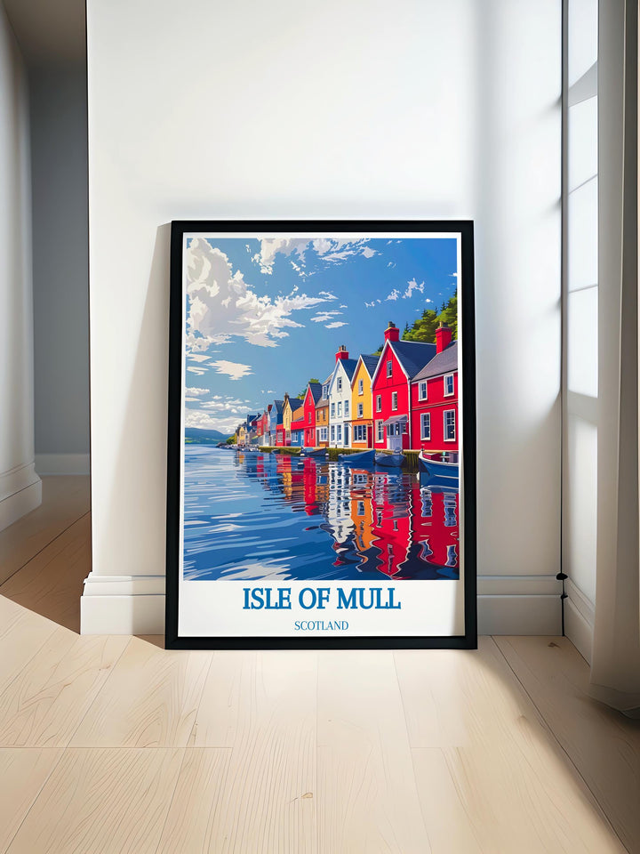 Wall art of Tobermory Harbour showing the calm sea and colorful buildings perfect for adding a Scottish theme to interiors