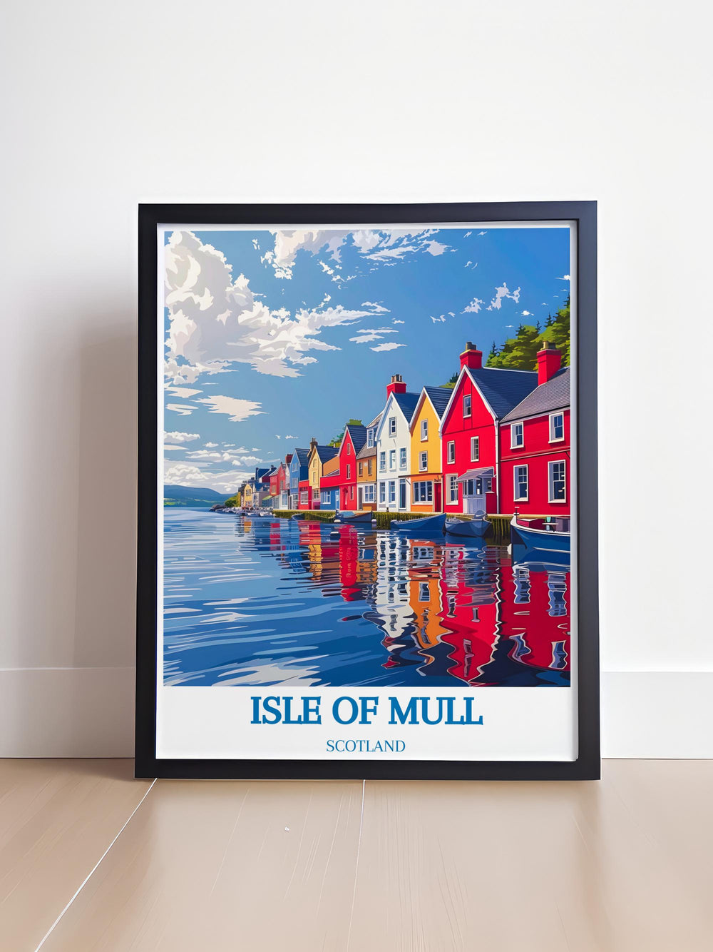 Print of Tobermory Harbour at sunset highlighting the vivid sky and peaceful waters ideal for lovers of natural scenes